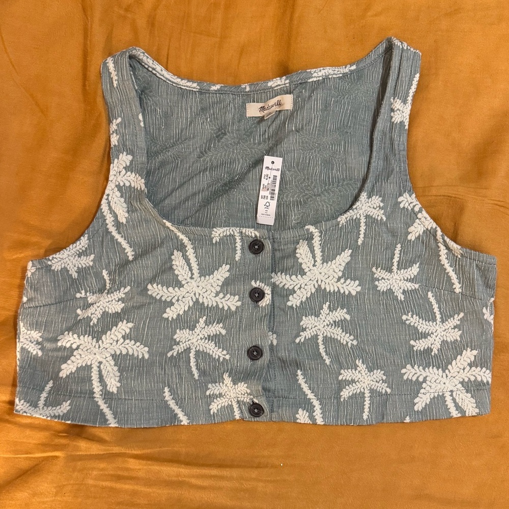 Jacquard Square-Neck Button-Front Crop Tank